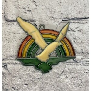 VTG Dove Flying Over A Rainbow Sun Catcher Stained Glass Style 3" X 3 1/2Kitschy